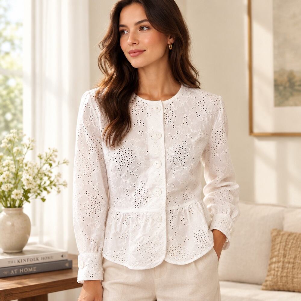 Live a Little White Eyelet Embroidered Peplum Jacket Size L Cottagecore Boho EUC